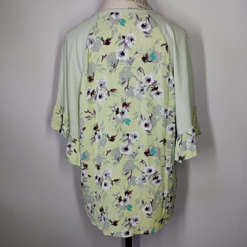 Three Bird Nest Mixed Media Top Womens S Green Waffle Knit Floral Oversized Boho - Picture 3 of 9